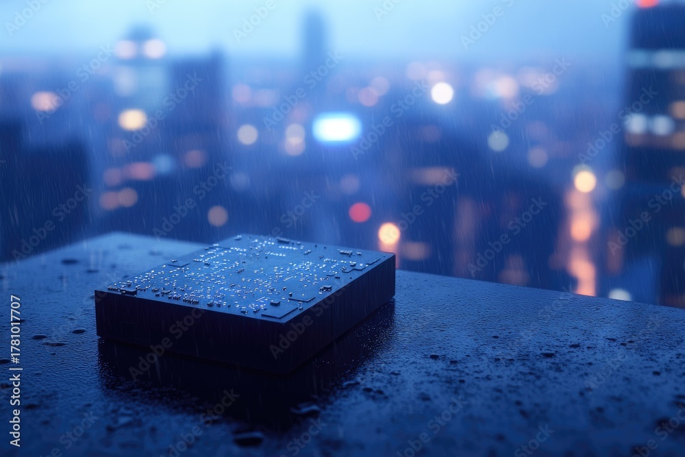 Fototapeta premium A circuit board rests on a rain-soaked surface, overlooking a cyberpunk-esque city skyline at night with blurred bokeh lights.