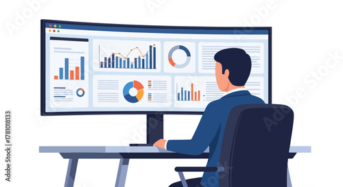 Analyst reviewing dashboard analytics with graphs and charts. Solid vector style, ideal for finance, analytics dashboards, fintech pitches