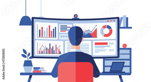 Analyst reviewing dashboard analytics with graphs and charts. Solid vector style, ideal for finance, analytics dashboards, fintech pitches