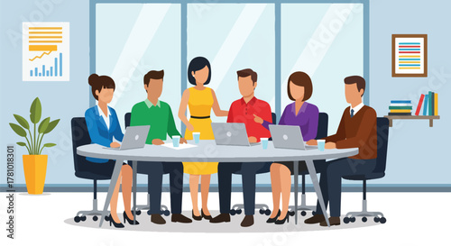 Flat vector of a business team collaborating around a meeting table with charts and ideas. Solid colors, no gradients, ideal for business presentations and corporate websites