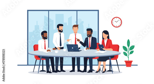 Flat vector of a business team collaborating around a meeting table with charts and ideas. Solid colors, no gradients, ideal for business presentations and corporate websites