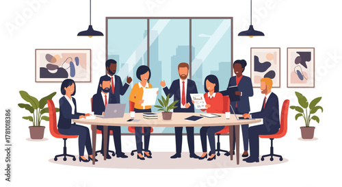 Flat vector of a business team collaborating around a meeting table with charts and ideas. Solid colors, no gradients, ideal for business presentations and corporate websites