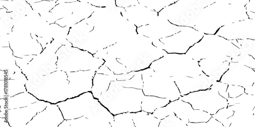 Black and white cracked dry earth texture background, drought soil surface pattern, environmental climate change concept, abstract broken ground detail illustration for nature design and editing use.