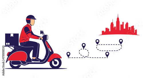 Courier delivering package on scooter with route line and location pin. Flat vector, ideal for delivery apps and logistics service promotions
