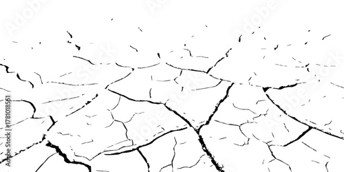 Black and white cracked dry earth texture background, drought soil surface pattern, environmental climate change concept, abstract broken ground detail illustration for nature design and editing use.