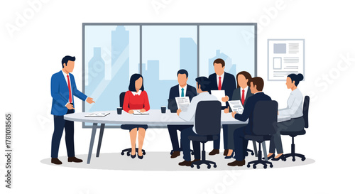 Flat vector of a business team collaborating around a meeting table with charts and ideas. Solid colors, no gradients, ideal for business presentations and corporate websites