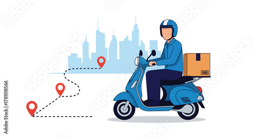 Courier delivering package on scooter with route line and location pin. Flat vector, ideal for delivery apps and logistics service promotions