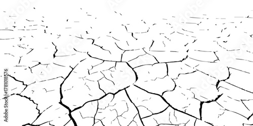 Black and white cracked dry earth texture background, drought soil surface pattern, environmental climate change concept, abstract broken ground detail illustration for nature design and editing use.
