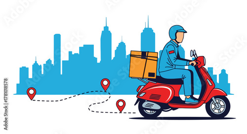 Courier delivering package on scooter with route line and location pin. Flat vector, ideal for delivery apps and logistics service promotions