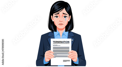 An adult Asian businesswoman experiences stress and burnout, facing termination, as she holds a document with tears in her eyes, illustrating workplace challenges.