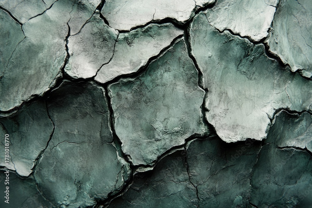 Obraz premium Abstract texture of a deeply cracked surface. Irregular fragments in shades of dark teal, green, and gray create a weathered, dramatic pattern.