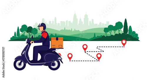 Courier delivering package on scooter with route line and location pin. Flat vector, ideal for delivery apps and logistics service promotions