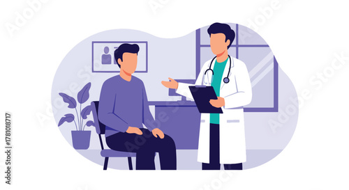 Doctor consulting patient with medical chart icons. Solid vector style, ideal for hospital websites, telehealth apps, health presentations