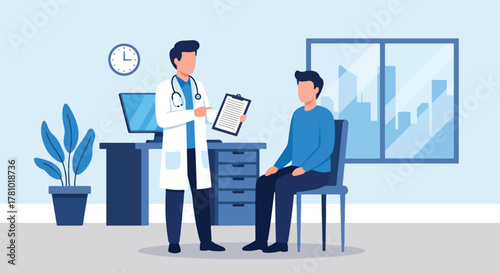 Doctor consulting patient with medical chart icons. Solid vector style, ideal for hospital websites, telehealth apps, health presentations