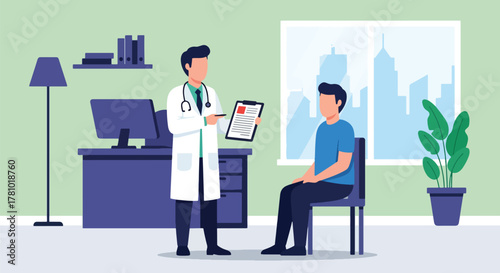 Doctor consulting patient with medical chart icons. Solid vector style, ideal for hospital websites, telehealth apps, health presentations