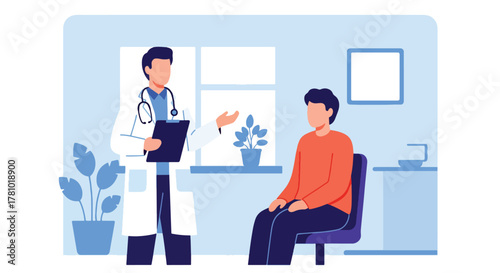 Doctor consulting patient with medical chart icons. Solid vector style, ideal for hospital websites, telehealth apps, health presentations