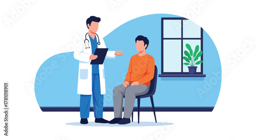 Doctor consulting patient with medical chart icons. Solid vector style, ideal for hospital websites, telehealth apps, health presentations