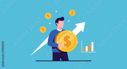 Investor holding coin with arrow showing financial growth. Flat vector, ideal for financial apps, fintech ads, investment presentations