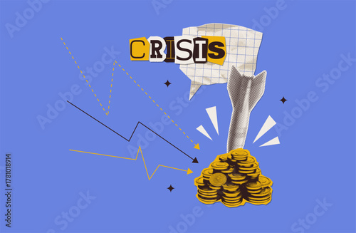 Halftone collage - financial rocket crash on the coin stack. Bitcoin price collapse, currency volatility and fall down causing investor huge loss concept, big inflation. Vector. Creative metaphor.