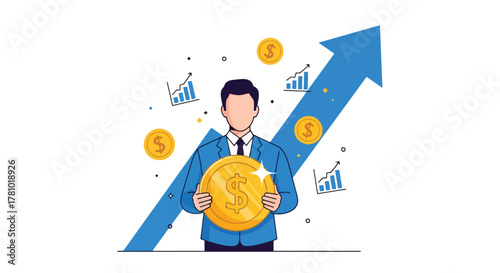 Investor holding coin with arrow showing financial growth. Flat vector, ideal for financial apps, fintech ads, investment presentations