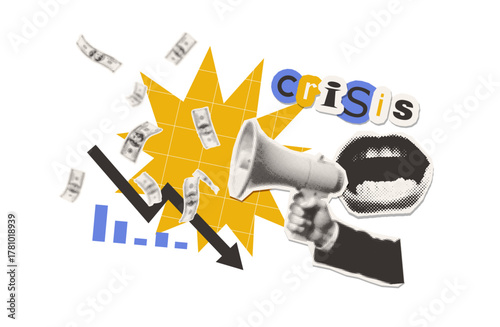 Halftone Collage - open mouth shouts into megaphone about beginning of economic crisis. Charts with extreme price drop. Financial and economic crisis, inflation. Declines in the stock market. Vector