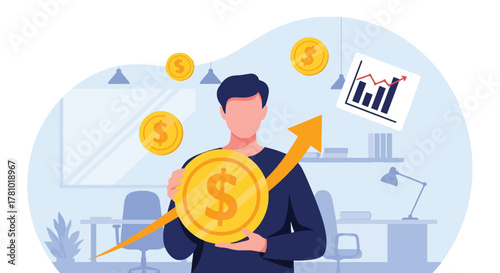 Investor holding coin with arrow showing financial growth. Flat vector, ideal for financial apps, fintech ads, investment presentations