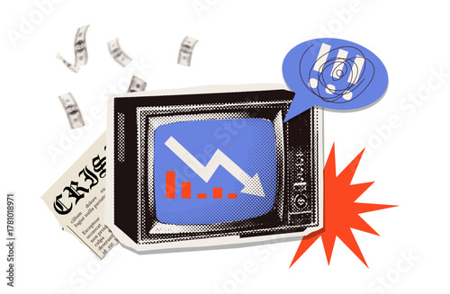 Television news show release about economic crisis statistics information. Breaking news on TV with descending graph, crisis in economy. Halftone paper mixed media collage vector isolated illustration