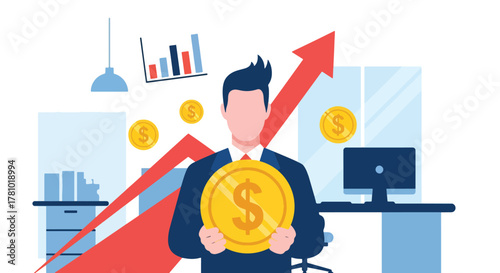 Investor holding coin with arrow showing financial growth. Flat vector, ideal for financial apps, fintech ads, investment presentations