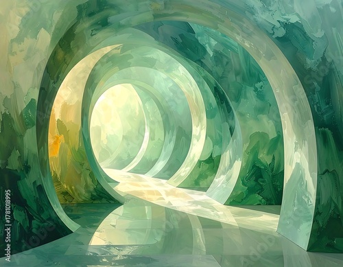Artistic depiction of a tunnel with light at the end, showcasing a blend of green and yellow hues
