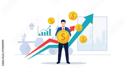 Investor holding coin with arrow showing financial growth. Flat vector, ideal for financial apps, fintech ads, investment presentations