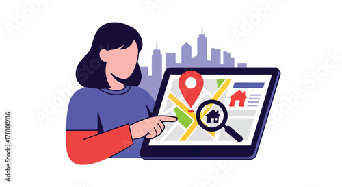 Person reviewing property listing on tablet with location pin. Solid vector, ideal for realtor ads, property search platforms, and housing apps