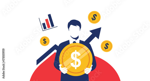 Investor holding coin with arrow showing financial growth. Flat vector, ideal for financial apps, fintech ads, investment presentations