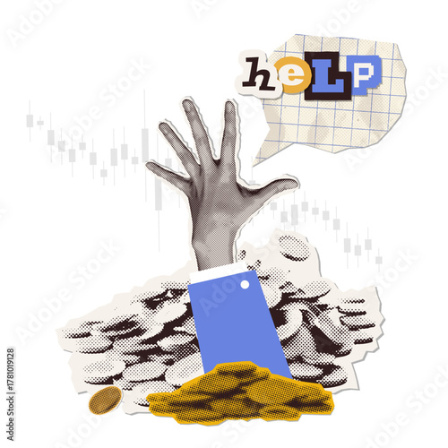 Halftone collage. Concept of business problems, a request for help, a helping hand, the idea of overcoming difficulties in a crisis. Businessman hand pulls coins from a pile and calls for help. Vector