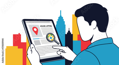 Person reviewing property listing on tablet with location pin. Solid vector, ideal for realtor ads, property search platforms, and housing apps