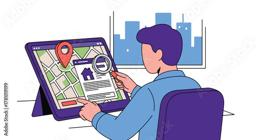 Person reviewing property listing on tablet with location pin. Solid vector, ideal for realtor ads, property search platforms, and housing apps