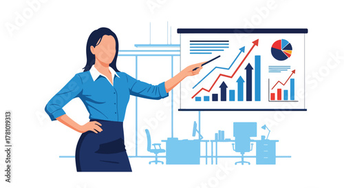 Marketer presenting digital strategy with charts and hashtags. Bold vector design, ideal for marketing campaigns and social media tool promotions