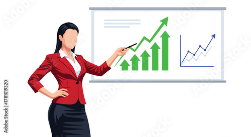 Marketer presenting digital strategy with charts and hashtags. Bold vector design, ideal for marketing campaigns and social media tool promotions
