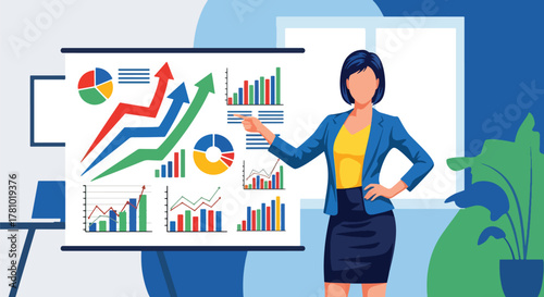 Marketer presenting digital strategy with charts and hashtags. Bold vector design, ideal for marketing campaigns and social media tool promotions