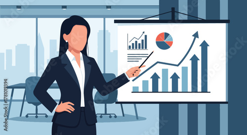 Marketer presenting digital strategy with charts and hashtags. Bold vector design, ideal for marketing campaigns and social media tool promotions