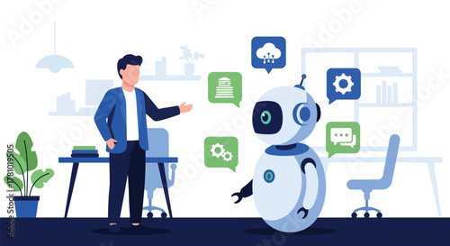 Person interacting with friendly robot and AI elements. Flat vector style, ideal for AI marketing, tech startups, and automation platforms