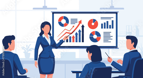 Marketer presenting digital strategy with charts and hashtags. Bold vector design, ideal for marketing campaigns and social media tool promotions