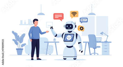 Person interacting with friendly robot and AI elements. Flat vector style, ideal for AI marketing, tech startups, and automation platforms