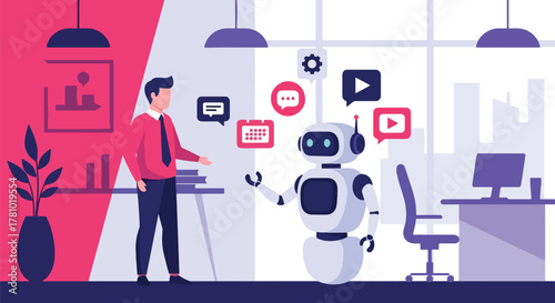 Person interacting with friendly robot and AI elements. Flat vector style, ideal for AI marketing, tech startups, and automation platforms