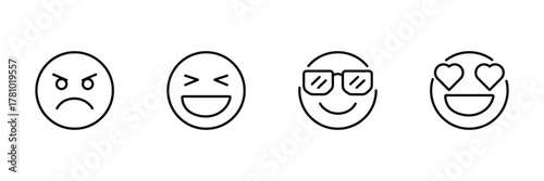 Angry, laughing, cool sunglasses, heart eyes emoji icon set, emotion face expression, minimal outline smiley vector illustration, mood avatar.