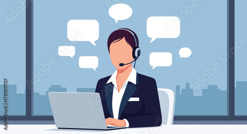 Support agent wearing headset with chat bubbles around. Flat vector style, ideal for customer service landing pages and helpdesk apps