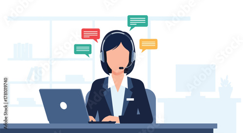 Support agent wearing headset with chat bubbles around. Flat vector style, ideal for customer service landing pages and helpdesk apps