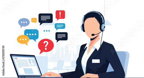 Support agent wearing headset with chat bubbles around. Flat vector style, ideal for customer service landing pages and helpdesk apps