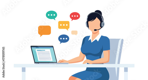 Support agent wearing headset with chat bubbles around. Flat vector style, ideal for customer service landing pages and helpdesk apps