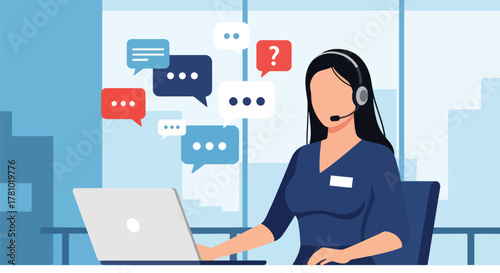 Support agent wearing headset with chat bubbles around. Flat vector style, ideal for customer service landing pages and helpdesk apps