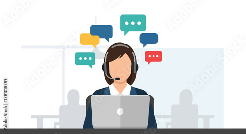 Support agent wearing headset with chat bubbles around. Flat vector style, ideal for customer service landing pages and helpdesk apps